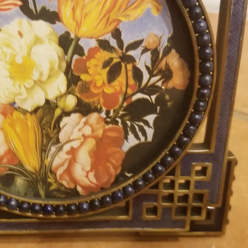 RARE JAY STRONGWATER CHINOISERIE DECO TAO FRETWORK CABOCHON STONE ENAMEL FRAME